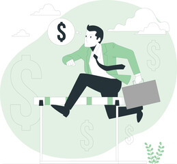 A businessman jumps over financial hurdles with determination and a briefcase in hand, amidst dollar signs and growth symbols.