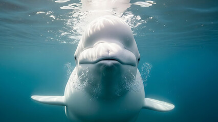 Captivating Close-Up of a Majestic Beluga Whale Smiling Underwater in Clear Blue Arctic Ocean