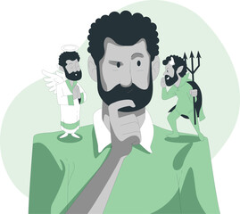 Man contemplating moral dilemma between good and evil influences