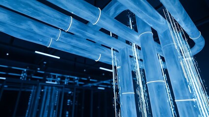 Obraz premium Blue Futuristic Pipes with Flowing Light Streams industrial