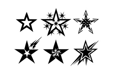 Obraz premium Collection of edgy decorative stars in Y2K and tribal tattoo style, black silhouette vector set.
