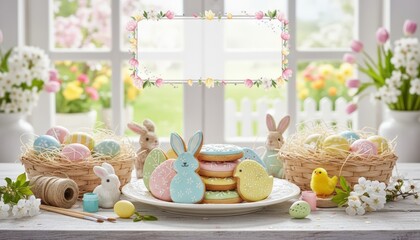 Spring celebration with colorful cookies and easter decorations home kitchen food photography bright and cheerful environment close-up viewpoint festive concept for seo impact