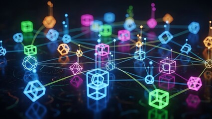 Colorful geometric shapes forming a digital network