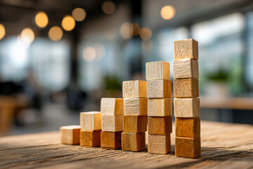 Leader presenting performance trends using colorful stacked block bar chart on office wall
