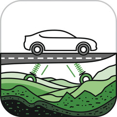 Illustration of a car on a road with suspension system, isolated on transparent background