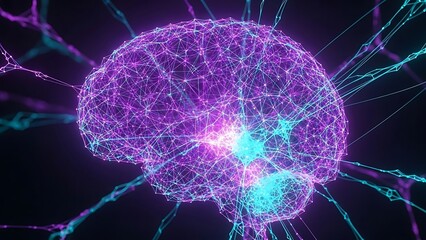 Digital brain network with glowing purple and blue connections