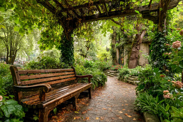 Wooden bench under lush green pergola with climbing plants offering tranquil summer shade