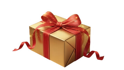 Elegant golden gift box with red ribbon bow