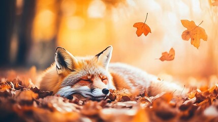 Cozy autumn fox resting peacefully among bright orange and gold fallen leaves in a sunlit forest