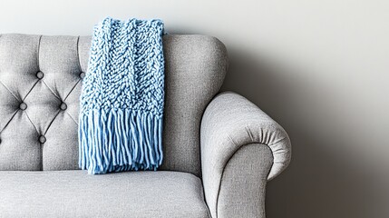 Cozy Light Gray Tufted Sofa with a Bright Blue Knitted Throw Draped Across