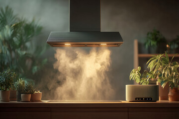 Modern kitchen interior with range hood extracting steam and air quality monitor on counter