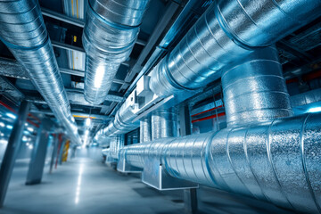 Commercial HVAC mechanical room with clean ductwork and mounted air quality sensor