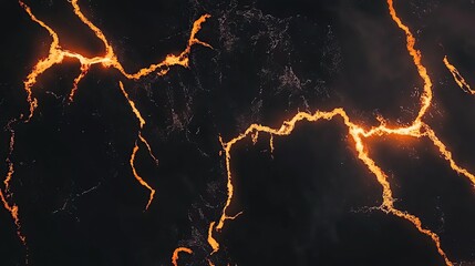 Crackling molten lava veins illuminating dark volcanic rock interior surface