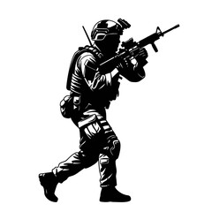 Fototapeta premium Silhouette Soldier with Rifle, Tactical Gear, Combat Pose, Military Action