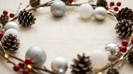 Fototapeta premium Elegant holiday wreath decoration with pinecones and ornaments on a soft background indoor setting close-up view festive concept for seasonal celebrations