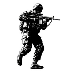 Silhouette of a soldier in tactical gear aiming an assault rifle, ready for combat.