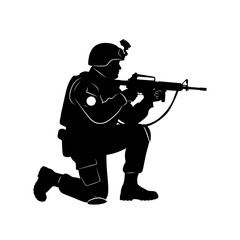 Soldier silhouette kneeling with assault rifle, military combat pose, tactical gear, isolated on white