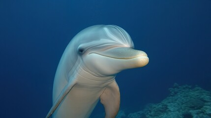 Curious Beluga Whale Smiles Kindly in Deep Blue Ocean Waters Close-Up Portrait
