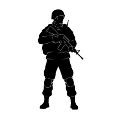 Silhouette of Soldier with Rifle, Military Combat Gear, White Background