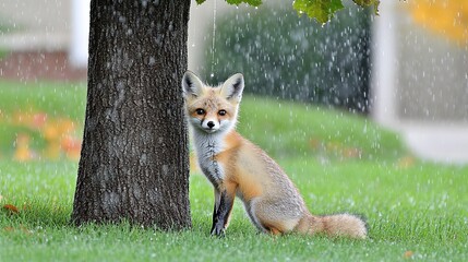 Curious Red Fox Kit Pauses by a Tree on a Rainy Green Park Lawn