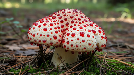 Close-up of a striking white mushroom adorned with vibrant red droplets on the forest floor.