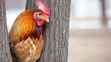Curious Rooster Peeking Out From Behind a Tree Trunk in a Sunny Rural Farmyard