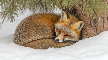 Curled Red Fox Sleeping Peacefully Amid Snowy Winter Forest Beside a Pine Tree