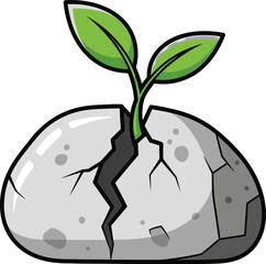 Plant sprout growing from cracked rock, isolated on transparent background