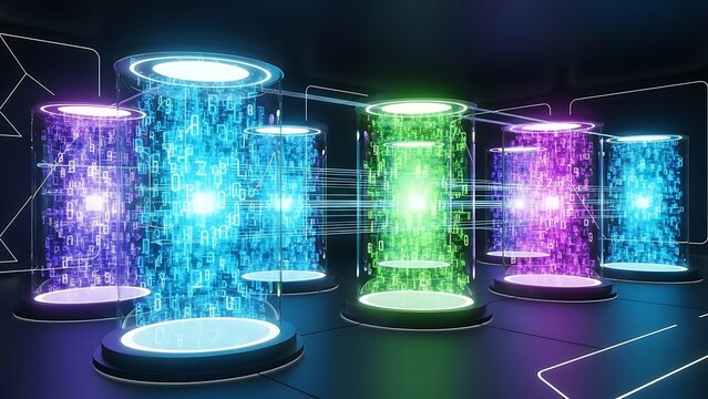Futuristic Data Servers With Binary Code And Neon Lights - Powered by Adobe