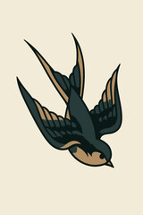 Obraz premium Vintage-style swallow bird illustration in mid-flight, rendered in bold flat colors and clean lines, symbolizing freedom, hope, and movement against a soft neutral background.