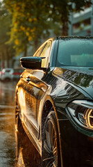 Thick white foam rinsing down sleek luxury car door on clean urban street surface