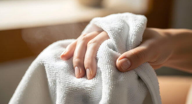 Close up of hand wiping surface with soft white microfiber towel for cleaning