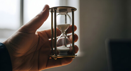 Man holding vintage brass hourglass sand timer close up demonstrating concept of passing time and deadlines