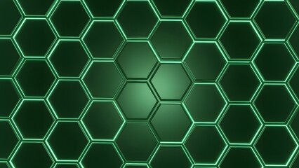Glowing green hexagonal pattern creating a futuristic and technological abstract background