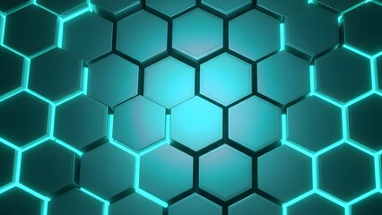 Glowing hexagonal pattern with vibrant cyan light creating a futuristic digital backdrop