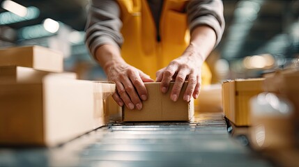 Worker Sorting Cardboard Boxes on Conveyor Belt in Warehouse Environment