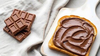 Indulgent breakfast of toast with creamy chocolate spread and stacked milk chocolate bars