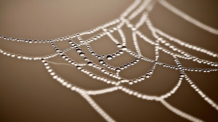Delicate morning dew glistening on a fragile spider web stretched across a warm brown background