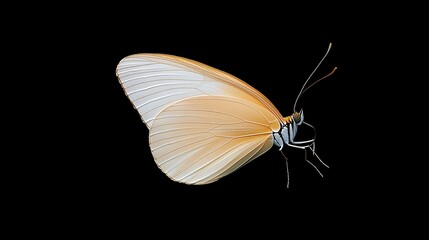 Delicate pale cream butterfly perched gracefully against a stark black background