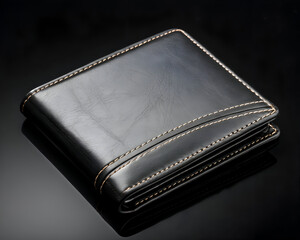 A sleek black wallet, expertly crafted from premium leather, rests on a reflective surface, its minimalist design embodying sophistication and functionality.