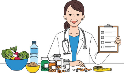  Balanced Diet Food vs Medicine and Vitamins - doctor, nutritionist, dietician, female, woman, healthcare, medical, stethoscope, clipboard, checklist, diet, food, vegetable, salad, supplement, 