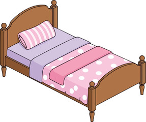 Bed Vector Illustration with Pink Polka Dot Bedding
Cartoon Bedroom Furniture Icon: 3D Isometric Bed with Striped Pillow