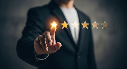 Person in suit selecting a glowing star rating on a digital interface transparent background