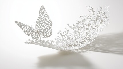 Delicate white butterfly sculpture dissolving into a cloud of particles on a pale reflective surface