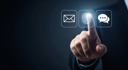 Finger touching biometric authentication on digital screen with email and chat transparent background