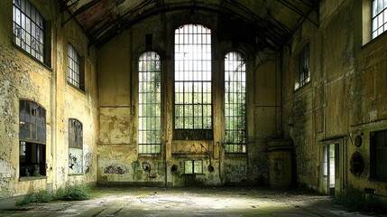 Derelict Industrial Warehouse Interior with Tall Arched Windows and Graffitied Walls