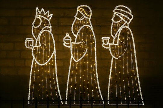 Three Wise Men Christmas light display at night &ndash; Three Kings or Reyes Magos silhouette illumination for Epiphany celebration.