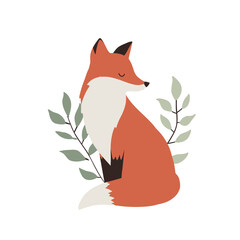 Obraz premium Cute minimalist fox vector illustration sitting peacefully with botanical leaves, perfect for eco-friendly branding, children’s design, nursery art, and modern nature-inspired visuals.