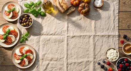 Natural Linen and Wood Food Flat Lay Background
