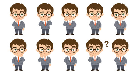 Businessman Character Set Pondering and Thinking Expressions